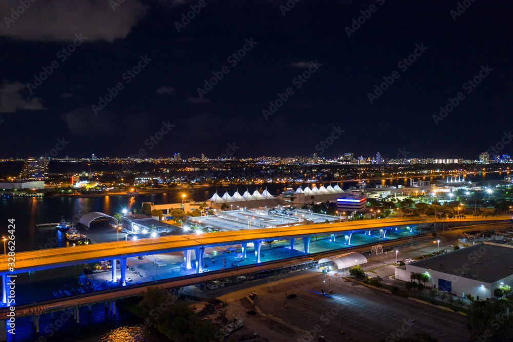 Night photo Port Miami FL USA aerial