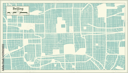 Photo Beijing China City Map in Retro Style. Outline Map.