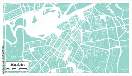 Harbin China City Map in Retro Style. Outline Map.
