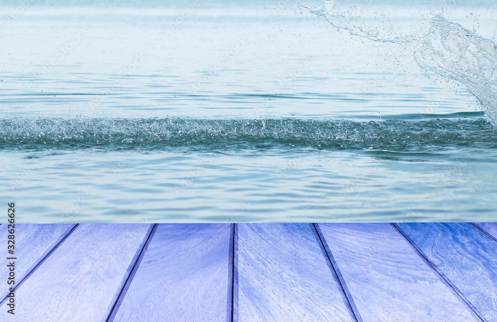 Obraz premium Blue wood top on water with water splash background