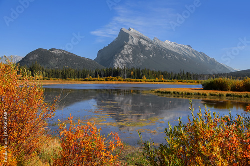 Scenic Vermilion lakes landscape in Banff national park with view of the Sulphur mountain
