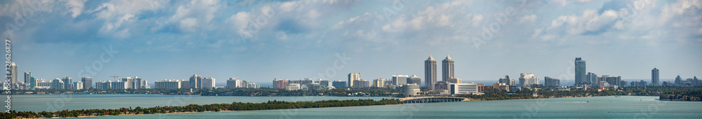 Aerial large panorama Miami Beach Biscayne Bay