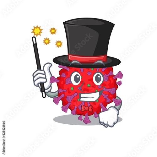 Charming coronavirus particle cartoon design performance as a Magician style