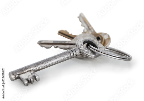 Obraz na plátně Typical metal bunch of keys from the gate and the house in the village