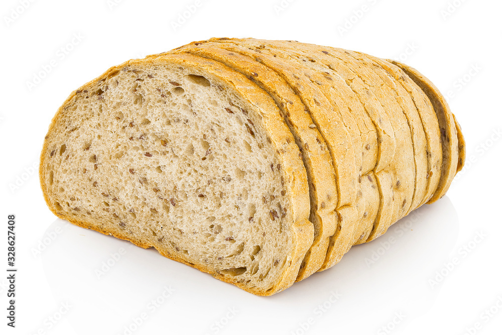 Sliced flax bread. Half sliced bread. Isolated on white background with shadow reflection. With clipping path. With vector path. Sliced flax bread. Half sliced bread. Isolated on white background with shadow reflection. With clipping path. With vector path.