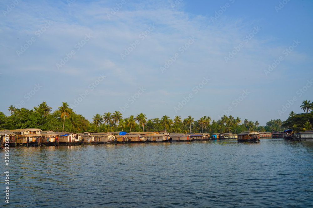 River side view with coconut tree and house in alleppey. Kerala 
