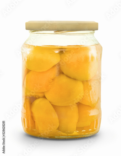 Sealed apricots in a glass cup. Apricot compote. Canned aricots in glass Jar. Preserved fruit in glass. Stewed apricots.