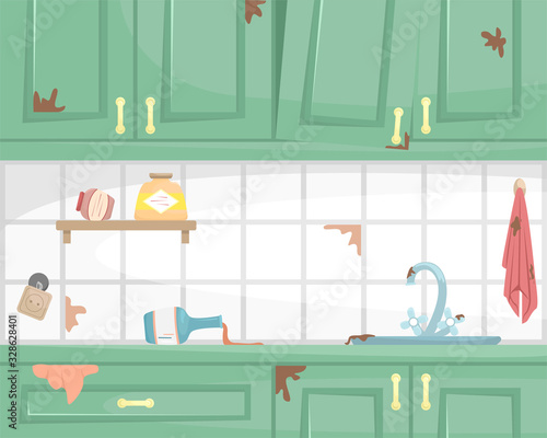 Dirty kitchen interior with wooden cabinets. Dirty sink and dish, broken socket. Flat vector illustration.