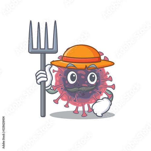 Microbiology coronavirus in Farmer cartoon character with hat and pitchfork