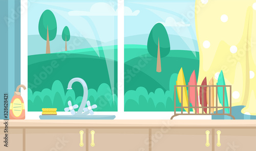Kitchen interior with wooden cabinets. Sink near the window with a beautiful view. Flat vector illustration.