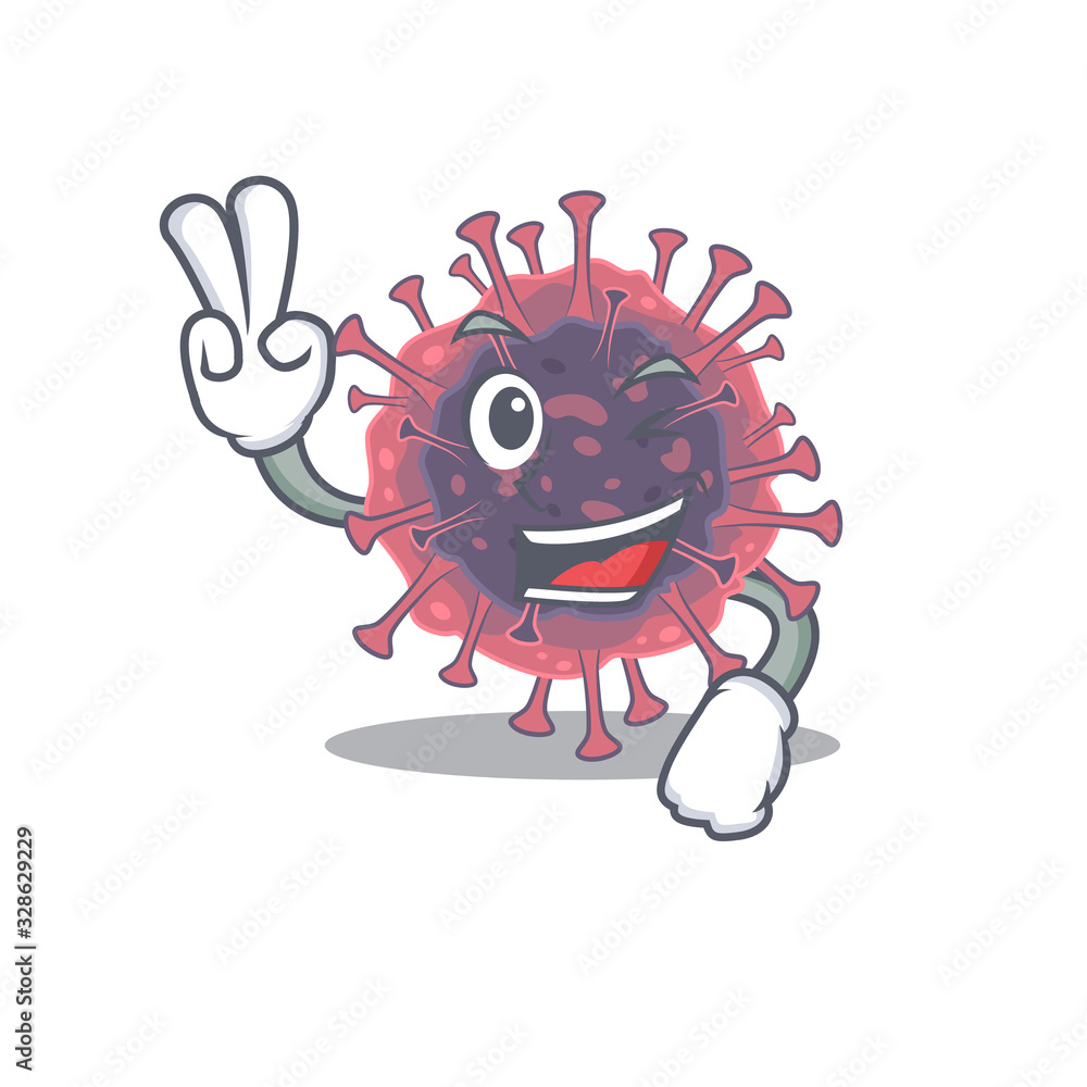 Cheerful microbiology coronavirus mascot design with two fingers