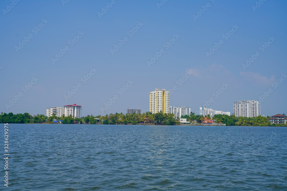 Beautiful river side tree and house view in Kerala India.