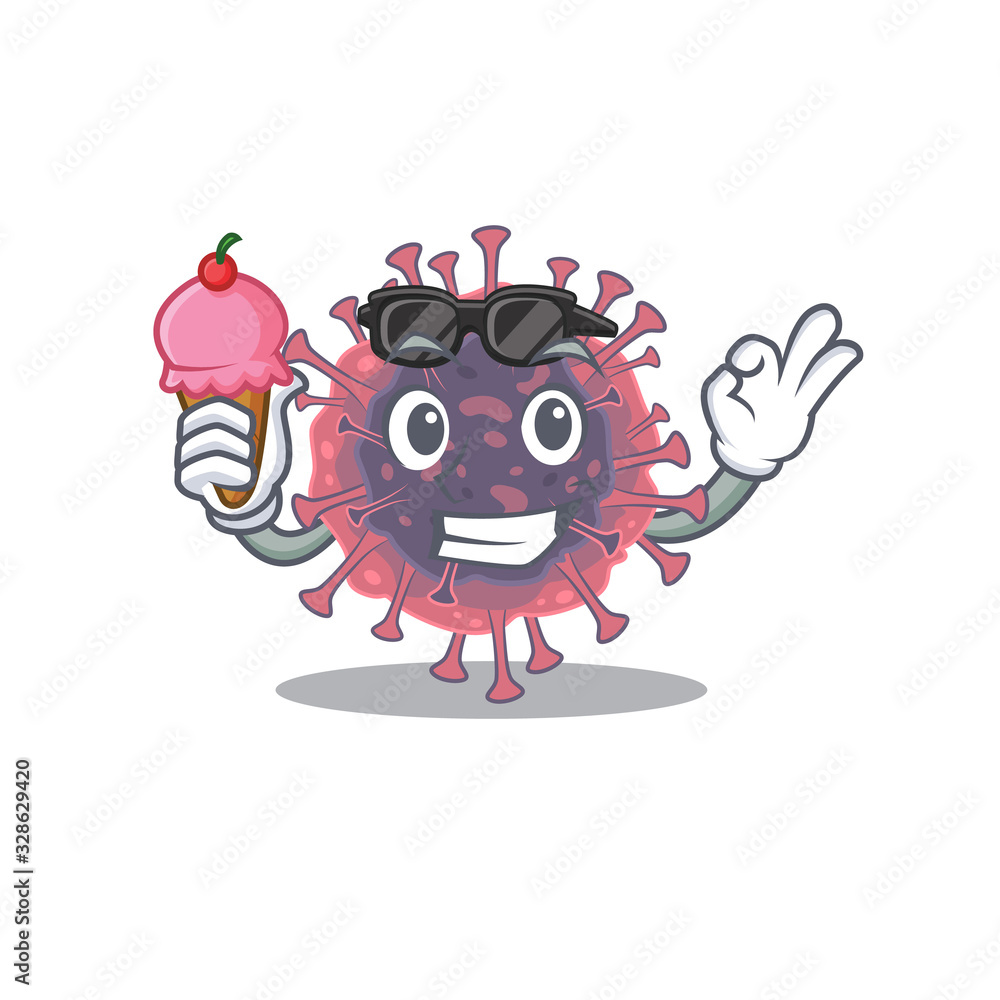 Naklejka premium cartoon character of microbiology coronavirus holding an ice cream