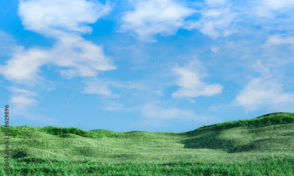 Blue sky and beautiful cloud with meadow tree. Plain landscape background for summer poster. The best view for holiday. picture of green grass field and blue sky with white clouds