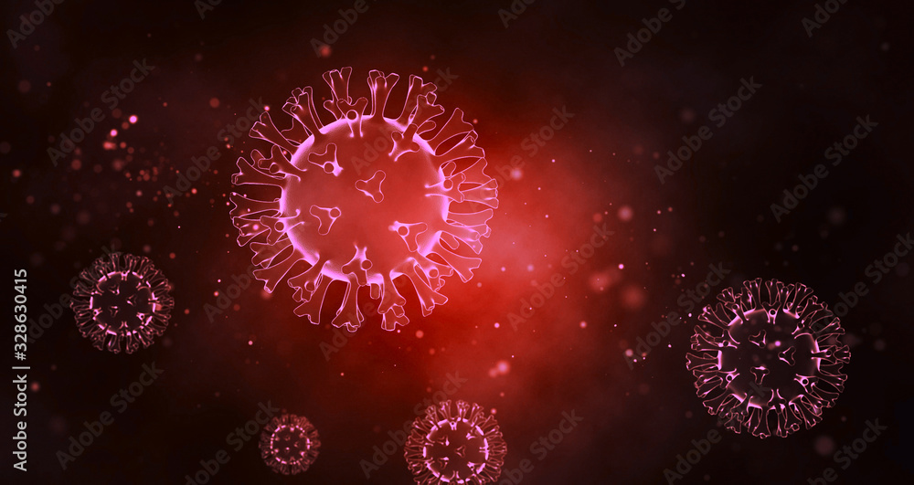 Obraz premium Pathogenic viruses on a bright shiny red background. Viral disease outbreak. 3d render.
