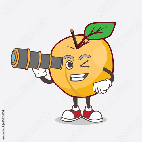 Apricot cartoon mascot character using a monocular
