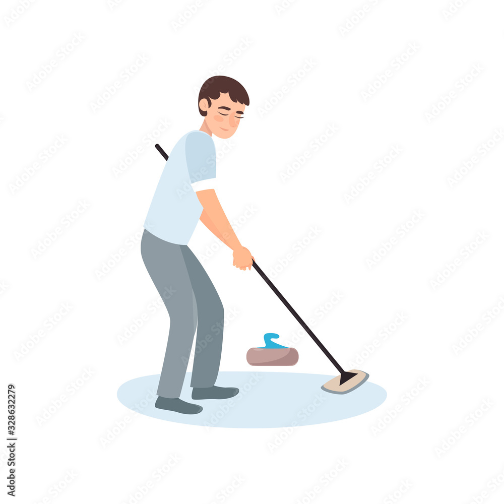 An athlete in gray clothes on the ice is rubbing the floor with a brush, thus pushing a stone.