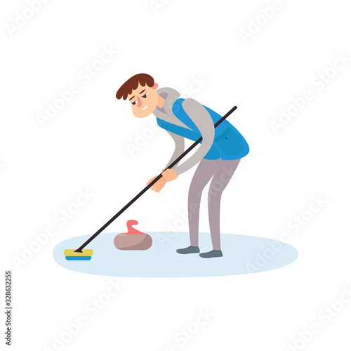 An athlete in blue clothes on the ice is rubbing the floor with a brush, thus pushing a stone.