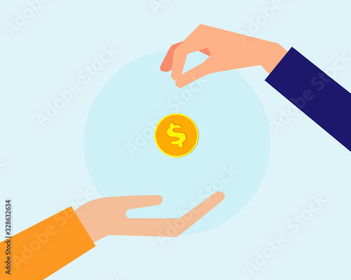 Business or financial conceept: Two hands with golden coin that show buying or selling, cartoon vector style for your design 