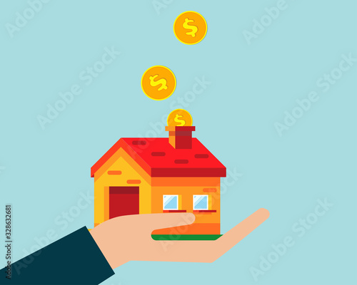 Many golden coins in the house. Saving up for a house, savings on housing.