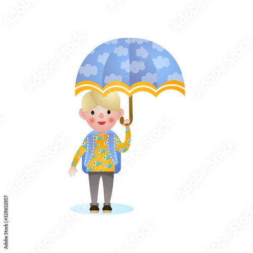 Happy smiling blonde school kid with blue umbrella