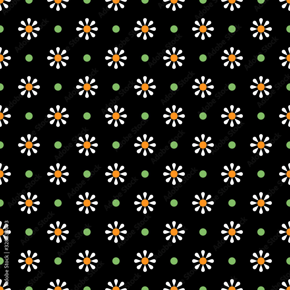 Chamomile geometric seamless pattern. Isolated daisy on black background, abstract simple flower design. Modern minimal design. Vector illustration perfect for graphic design ,textiles, print etc.