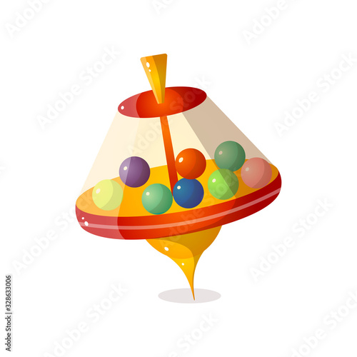 Futuristic whirligig with colorful balls in interior glass side