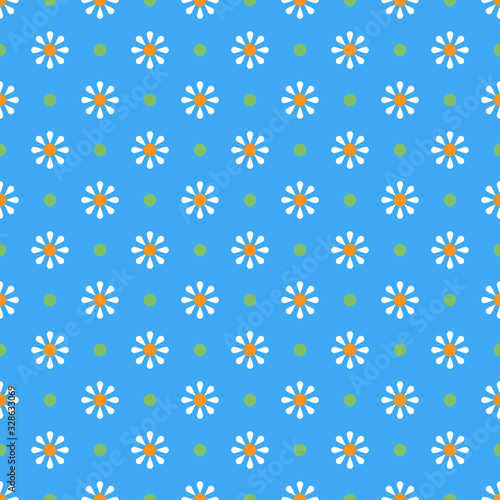 Chamomile geometric seamless pattern. Isolated daisy on blue background, abstract simple flower design. Modern minimal design. Vector illustration perfect for graphic design ,textiles, print etc.