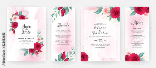 Wedding invitation card template set with watercolor floral arrangements and border. Flowers decoration for save the date, greeting, rsvp, thank you, poster, cover, etc. Botanic illustration vector