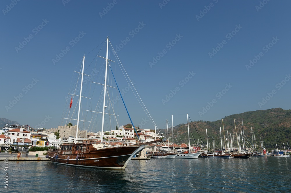 Turkish gulet ships at the pier of the Turkish city of Marmaris