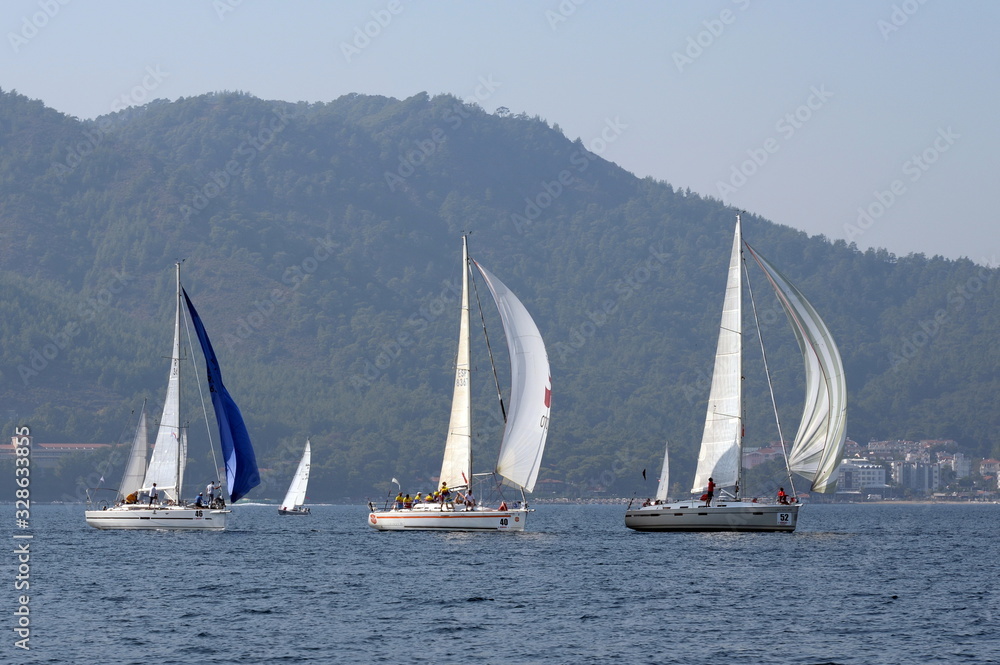 Fototapeta premium Yachts in the bay near the Turkish city of Marmaris