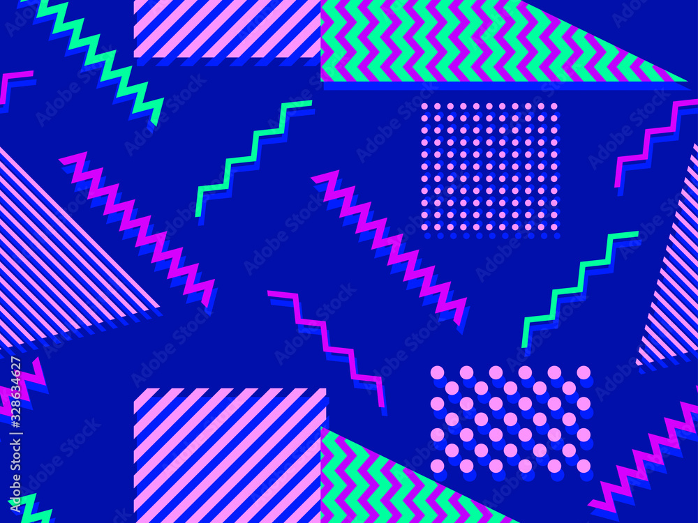 Seamless pattern in the style of the 80s and 90s with geometric shapes and memphis elements. Trendy colorful retro background for promotional products, wrapping paper and printing. Vector illustration Seamless pattern in the style of the 80s and 90s with geometric shapes and memphis elements. Trendy colorful retro background for promotional products, wrapping paper and printing. Vector illustration