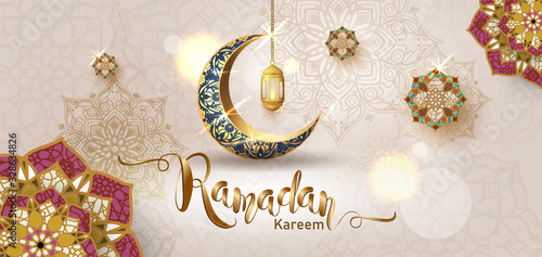 Ramadan Kareem with crescent moon gold luxurious crescent,template islamic ornate  element for greeting card,Vector 3D style