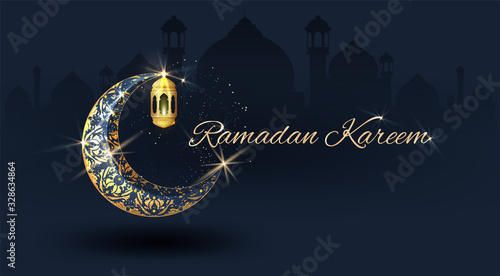 Ramadan Kareem with crescent moon gold luxurious crescent,template islamic ornate  element for greeting card,Vector 3D style
