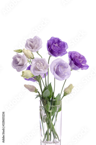 bunch of violet and white eustoma flowers in glass vase isolated on white