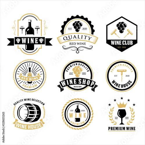 Set of wine labels. Elements for design on the wine theme. Collection of wine symbols: grape, bottle, barrel. Modern labels of wine. Emblems and logos of wine. Vector illustration