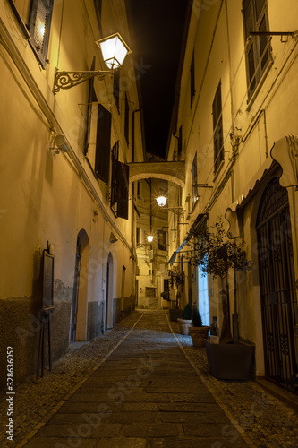 Night view of Imperia narrow street  Italian Riviera