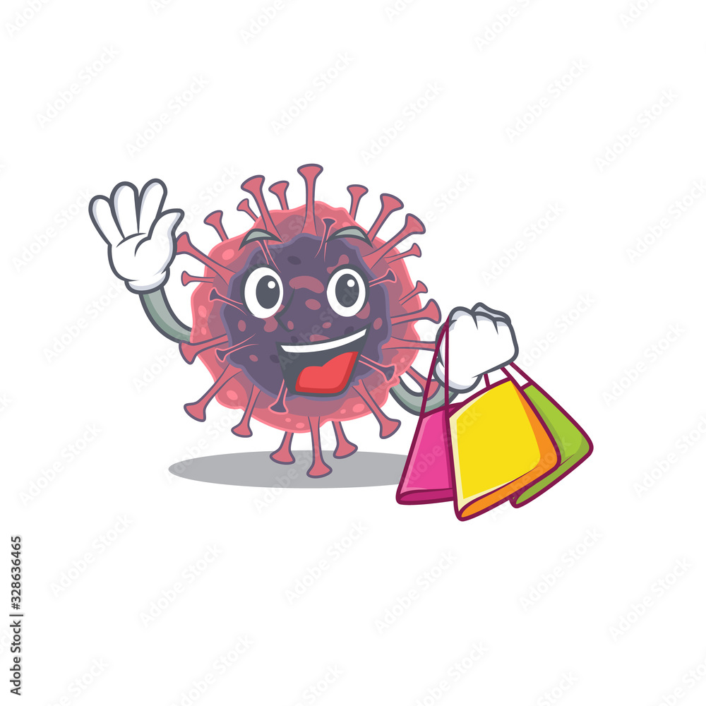 Happy rich microbiology coronavirus mascot design waving and holding Shopping bag