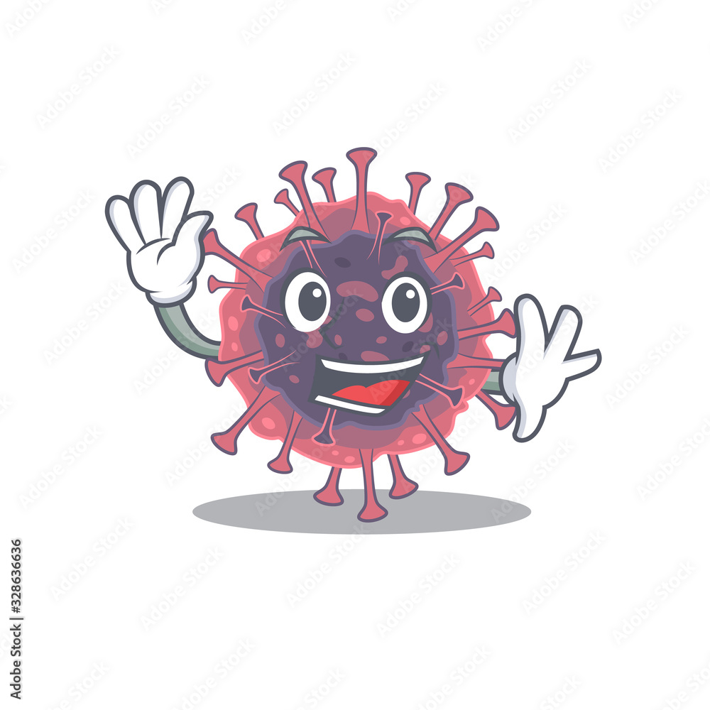 Smiley microbiology coronavirus cartoon mascot design with waving hand