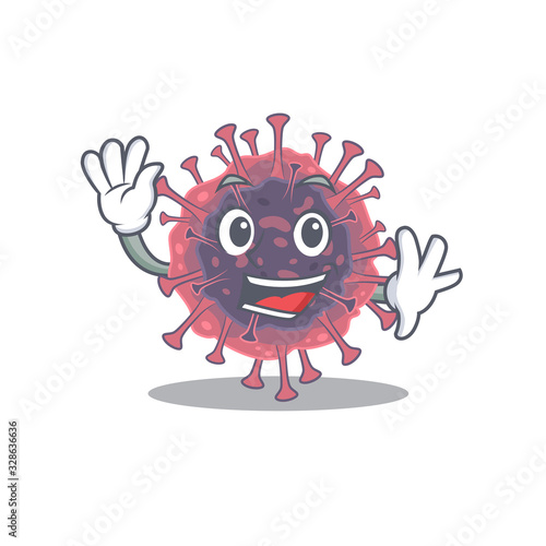 Smiley microbiology coronavirus cartoon mascot design with waving hand