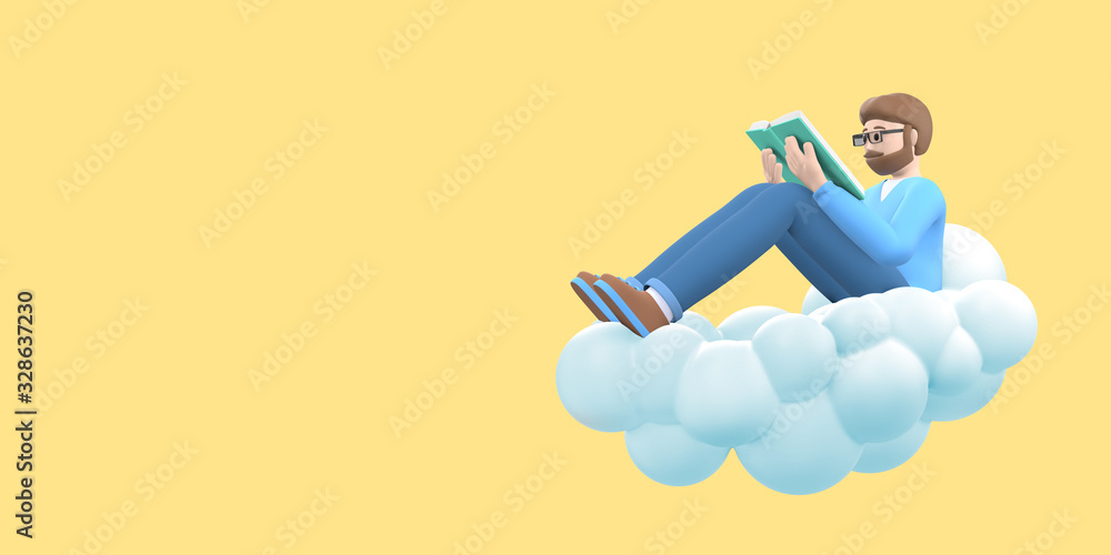 Literature fan a young guy with a beard in glasses in the sky on a cloud is reading a book. Funny, abstract cartoon people on a yellow background. 3D rendering.