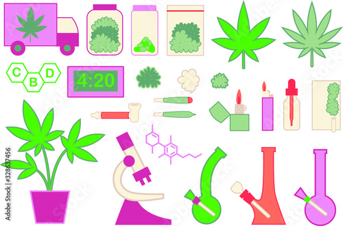 Marijuana vector flat set, big collection of flat design of medical cannabis or smoking weed objects isolated on the white background. Cannabis collection