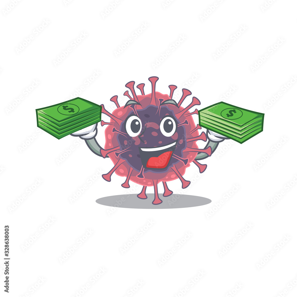 happy face microbiology coronavirus character having money on hands
