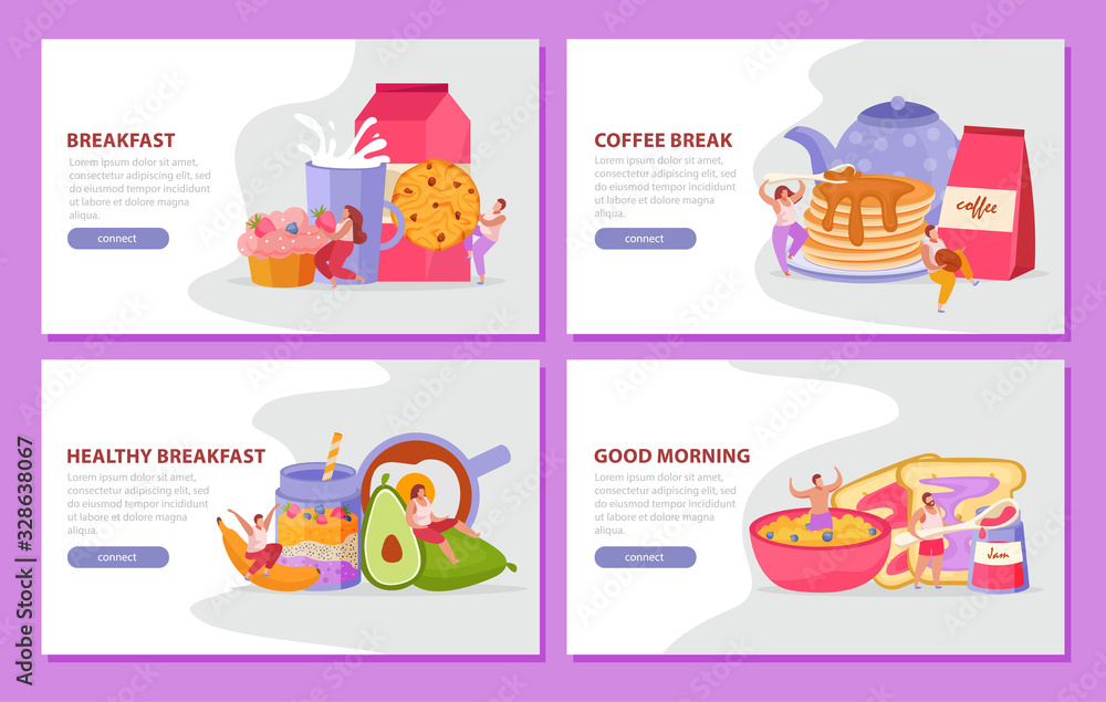 People with breakfast flat banner set