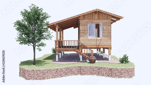 Small wooden cabin house in the evening. Exterior design1