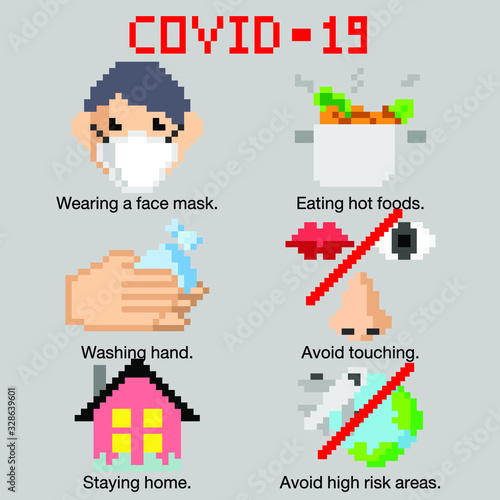 Prevention method COVID-19, pixel art of prevention method with explanation.