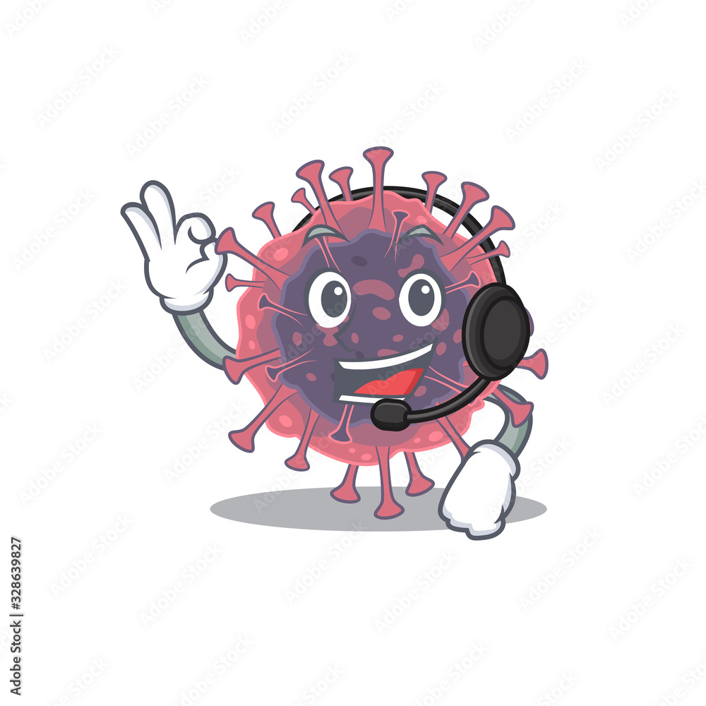 Charming microbiology coronavirus cartoon character design wearing headphone