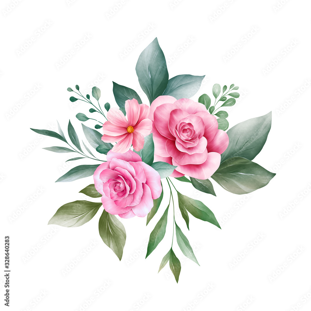 Floral arrangements of red and peach rose flowers, leaves, branches ...