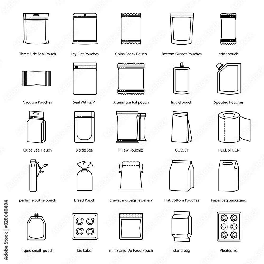 Vector Pouches Packaging package types icon set in thin line style 素材庫 ...