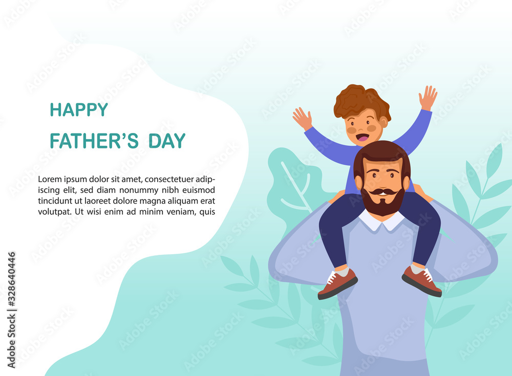 Greeting card Happy Father's Day. Vector illustration of a flat design - stock vector. Happy father's day template design. Cartoon photo of father, red-haired son hugging together. Vector Greeting card Happy Father's Day. Vector illustration of a flat design - stock vector. Happy father's day template design. Cartoon photo of father, red-haired son hugging together. Vector